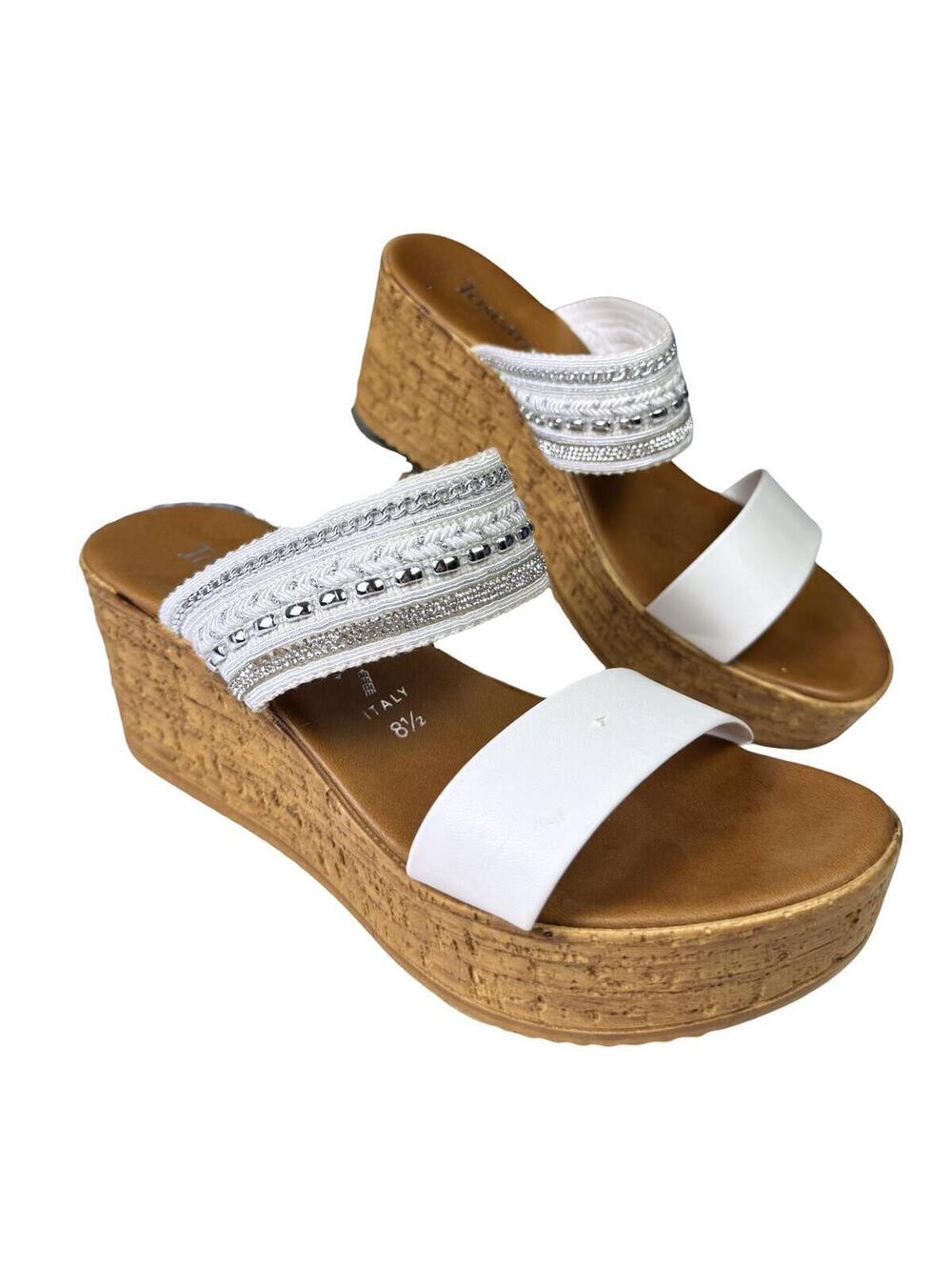 Toscanella Women White Embellished Double Band Wedge Sandals Made in Italy 8.5